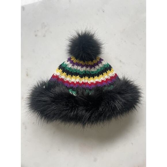 Polo Ralph Lauren Wool Pom Pom Beanie Hat Rainbow Knit Stripe Black Fur - Picture 2 of 4